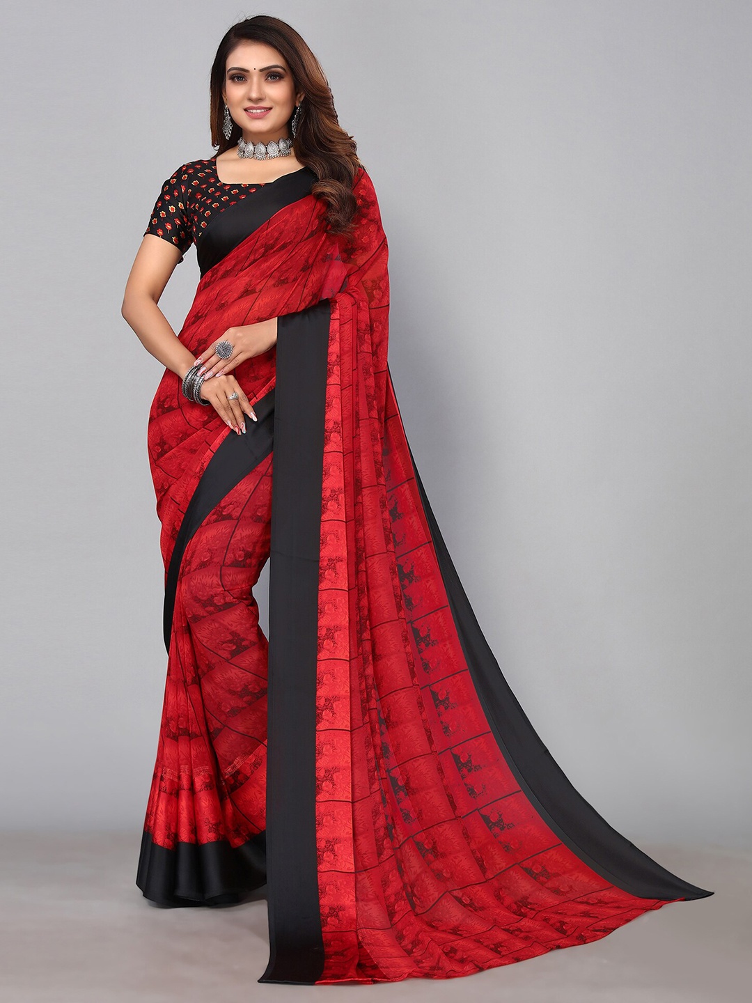 

SIRIL Abstract Printed Poly Georgette Saree With Blouse Piece, Red