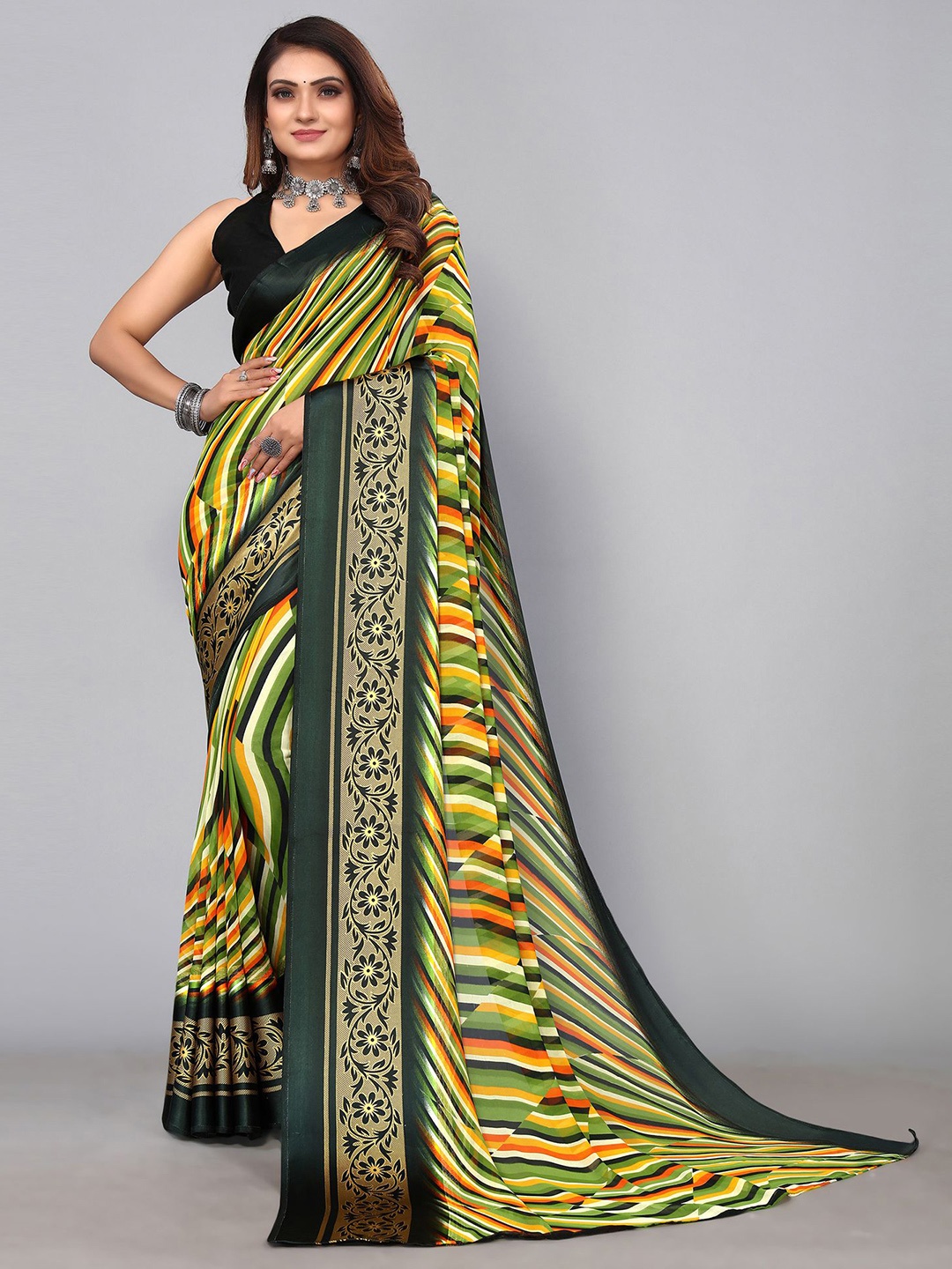 

SIRIL Striped Poly Georgette Saree, Green