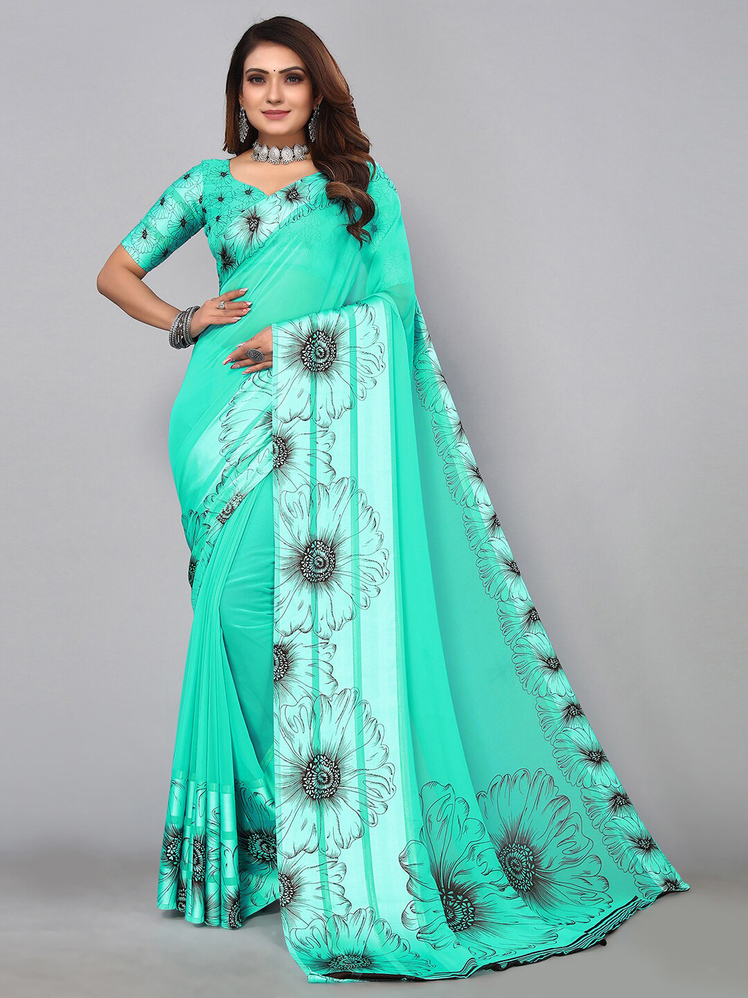 

SIRIL Floral Printed Bordered Saree, Sea green