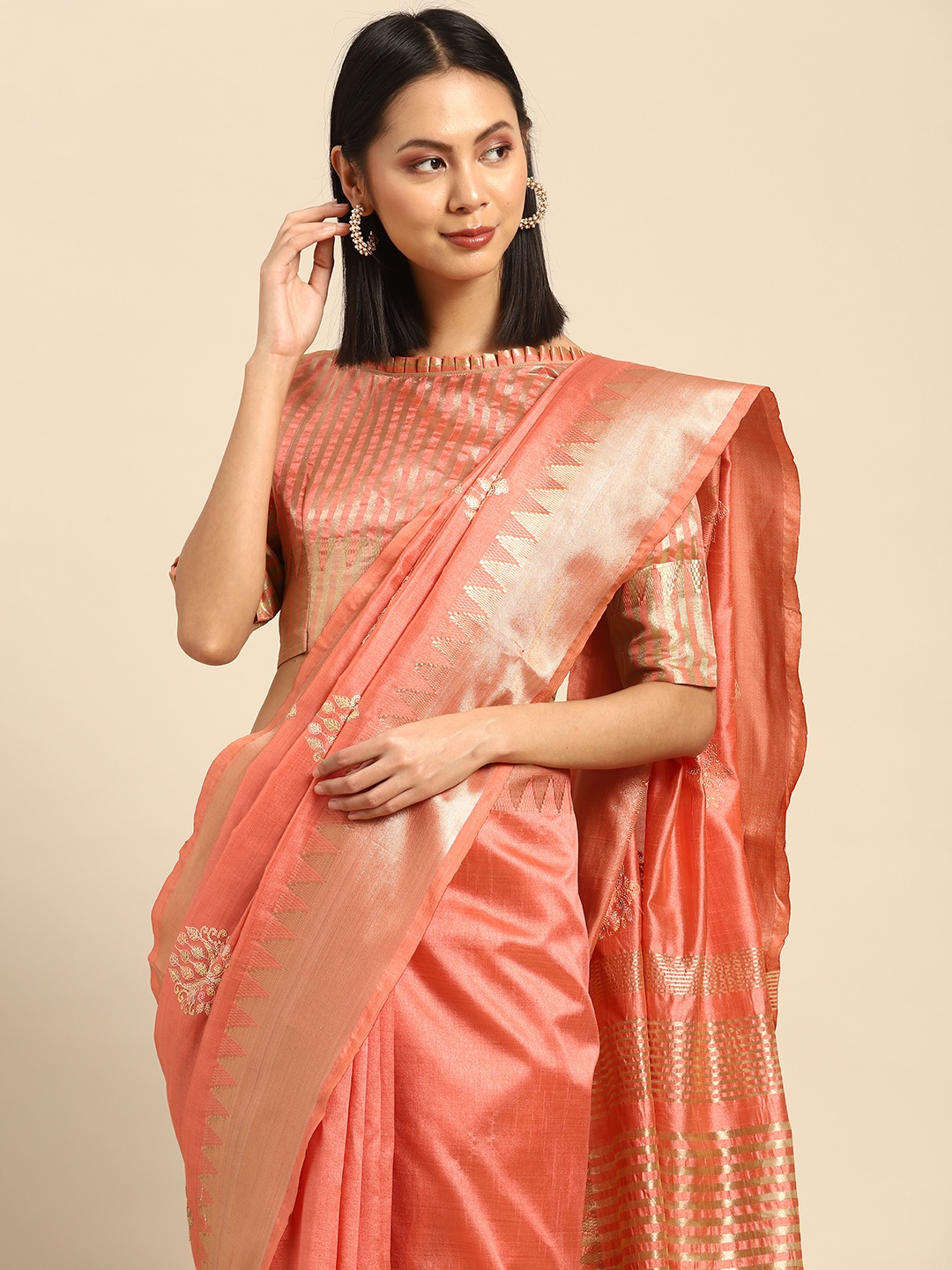 

SERONA FABRICS Ethnic Motifs Sequinned Assam Silk Saree, Peach