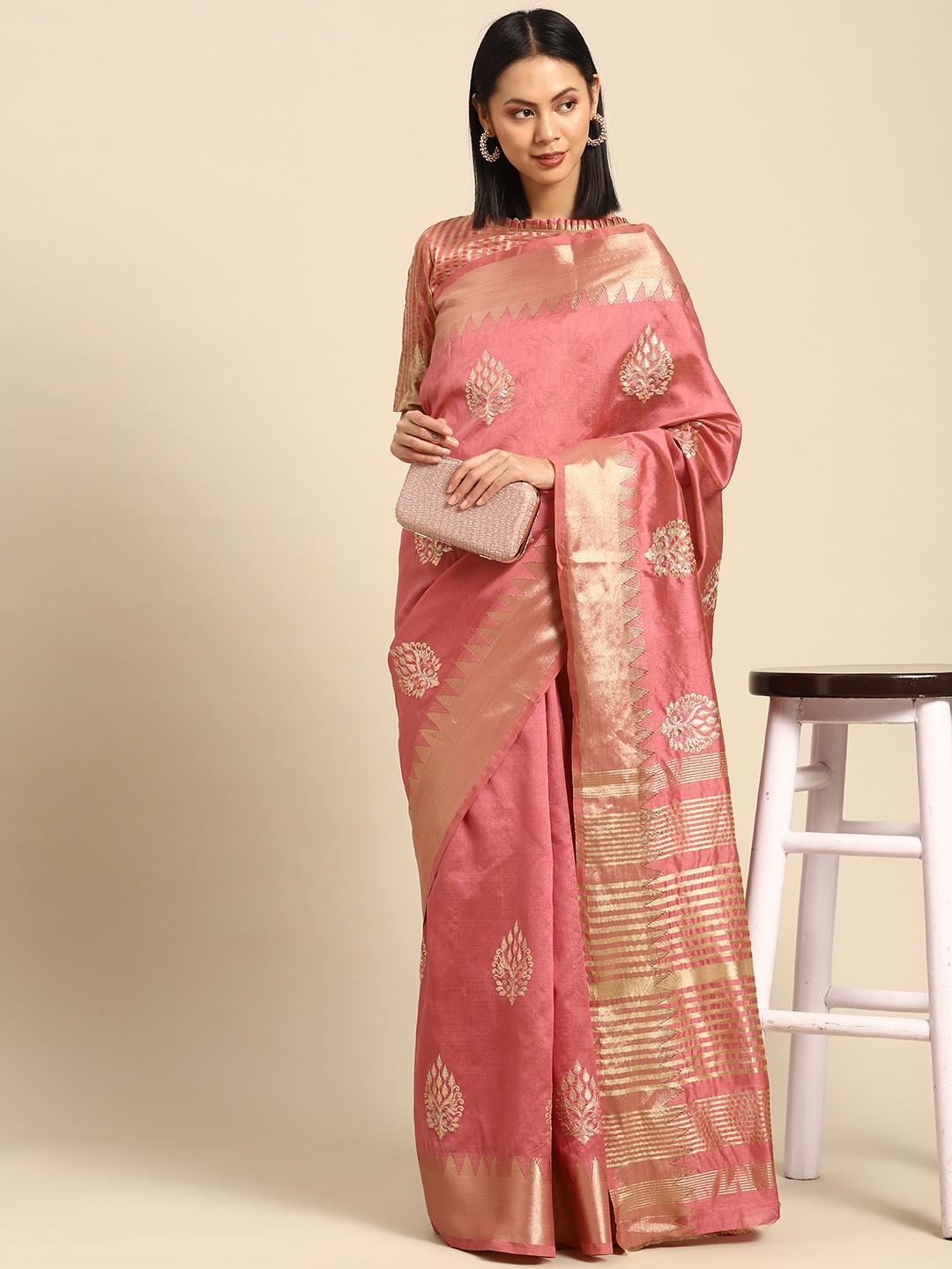

SERONA FABRICS Ethnic Motifs Sequinned Assam Silk Saree, Pink