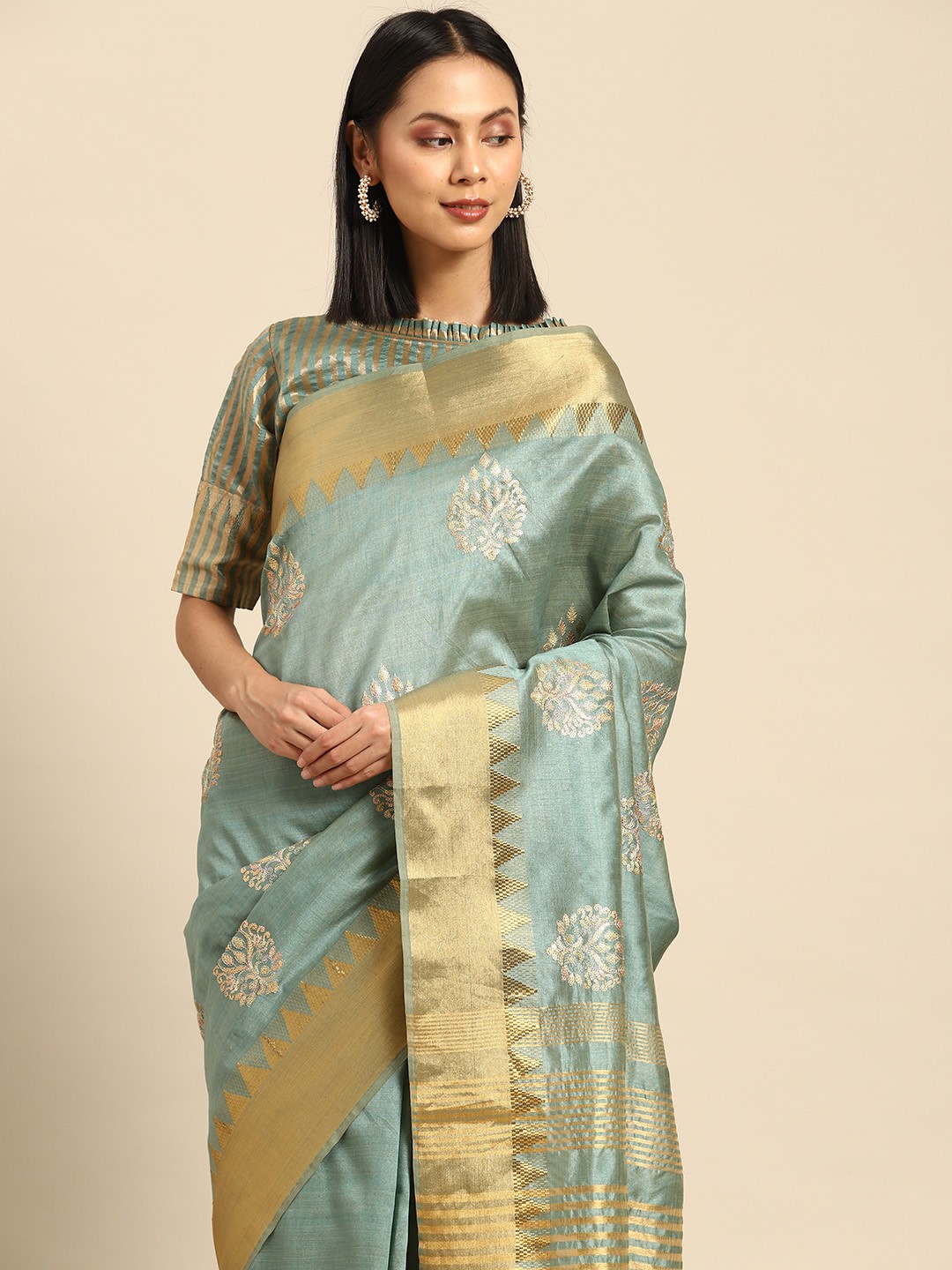 

SERONA FABRICS Ethnic Motifs Sequinned Assam Silk Saree, Blue
