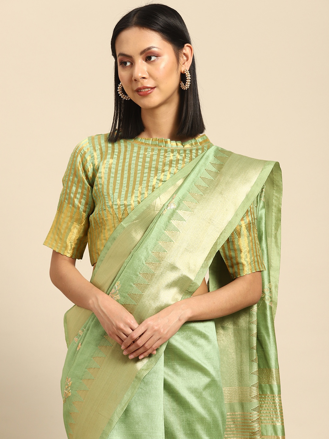 SERONA FABRICS Ethnic Motifs Sequinned Silk Cotton Saree, Green