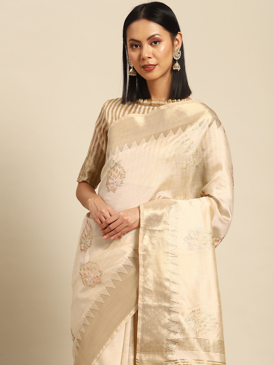 SERONA FABRICS Ethnic Motifs Sequinned Silk Cotton Saree, White