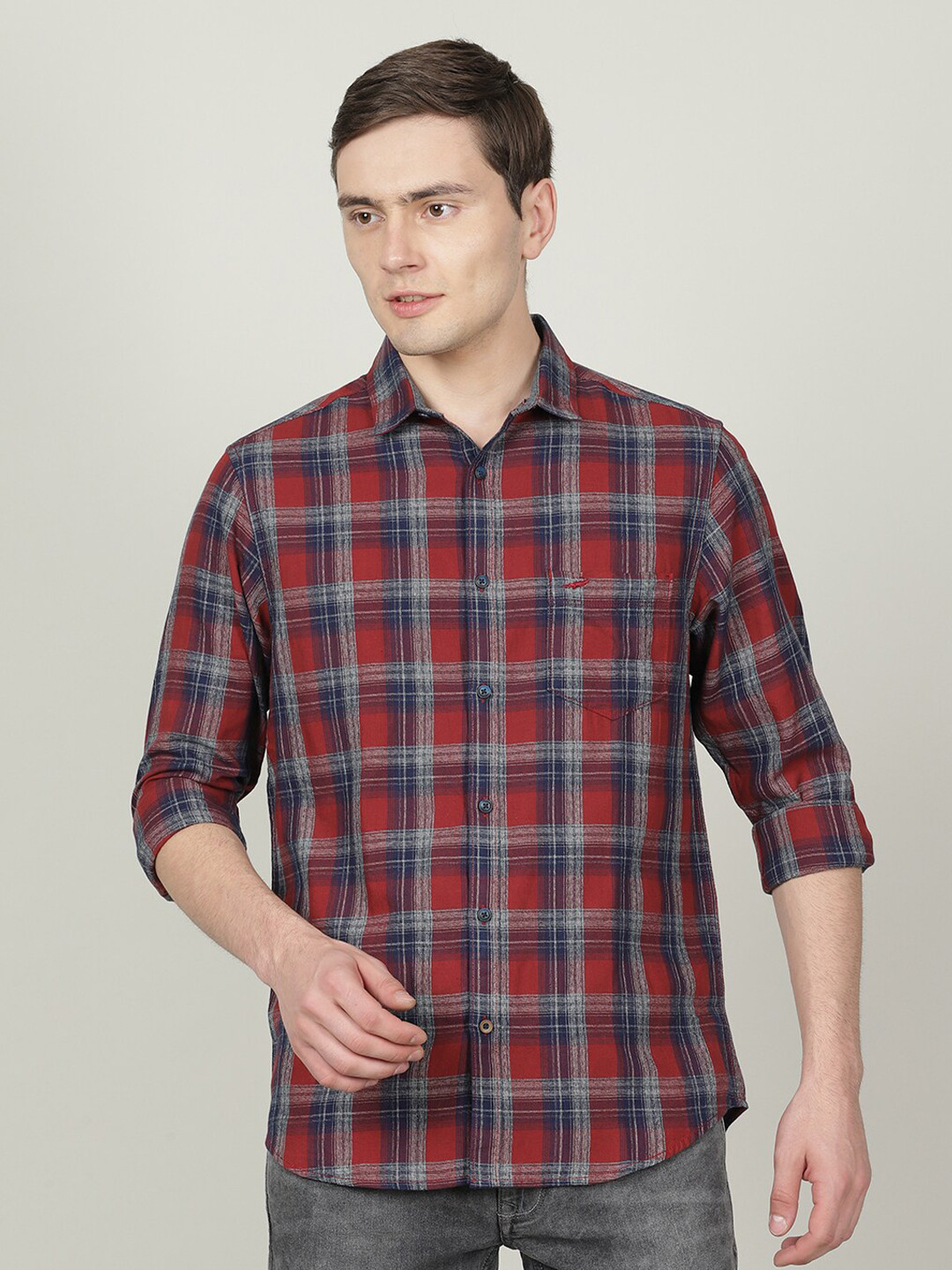 

Crocodile Men Classic Tartan Checked Casual Cotton Shirt, Red