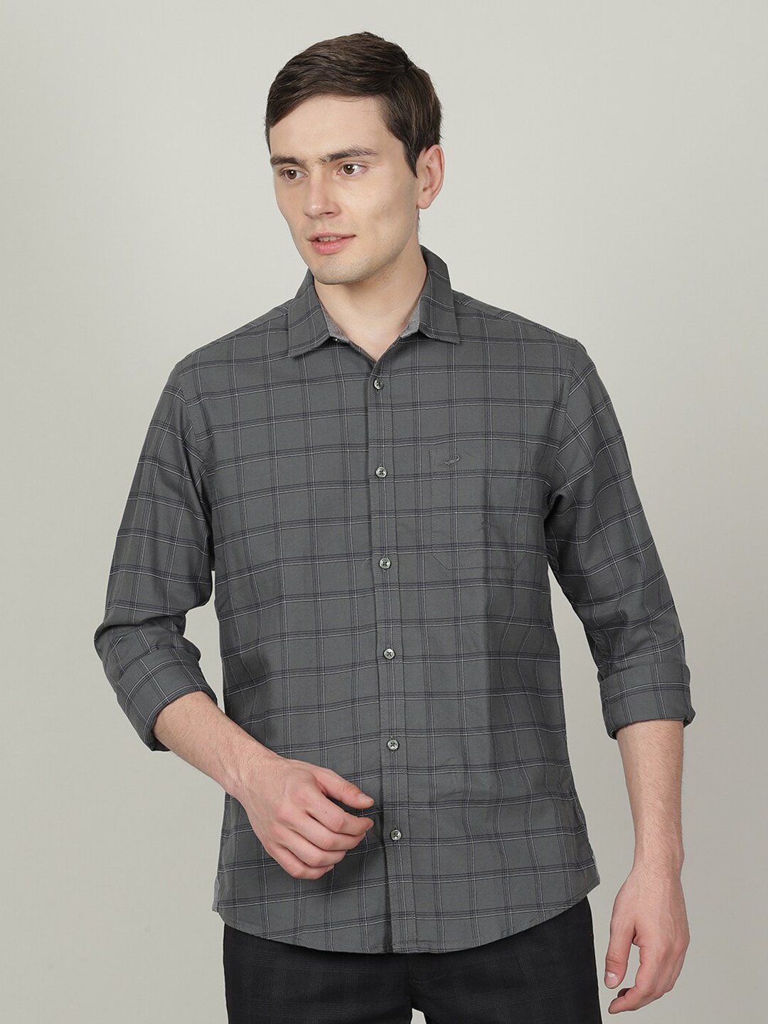 

Crocodile Men Classic Grid Tattersall Checked Casual Cotton Shirt, Olive