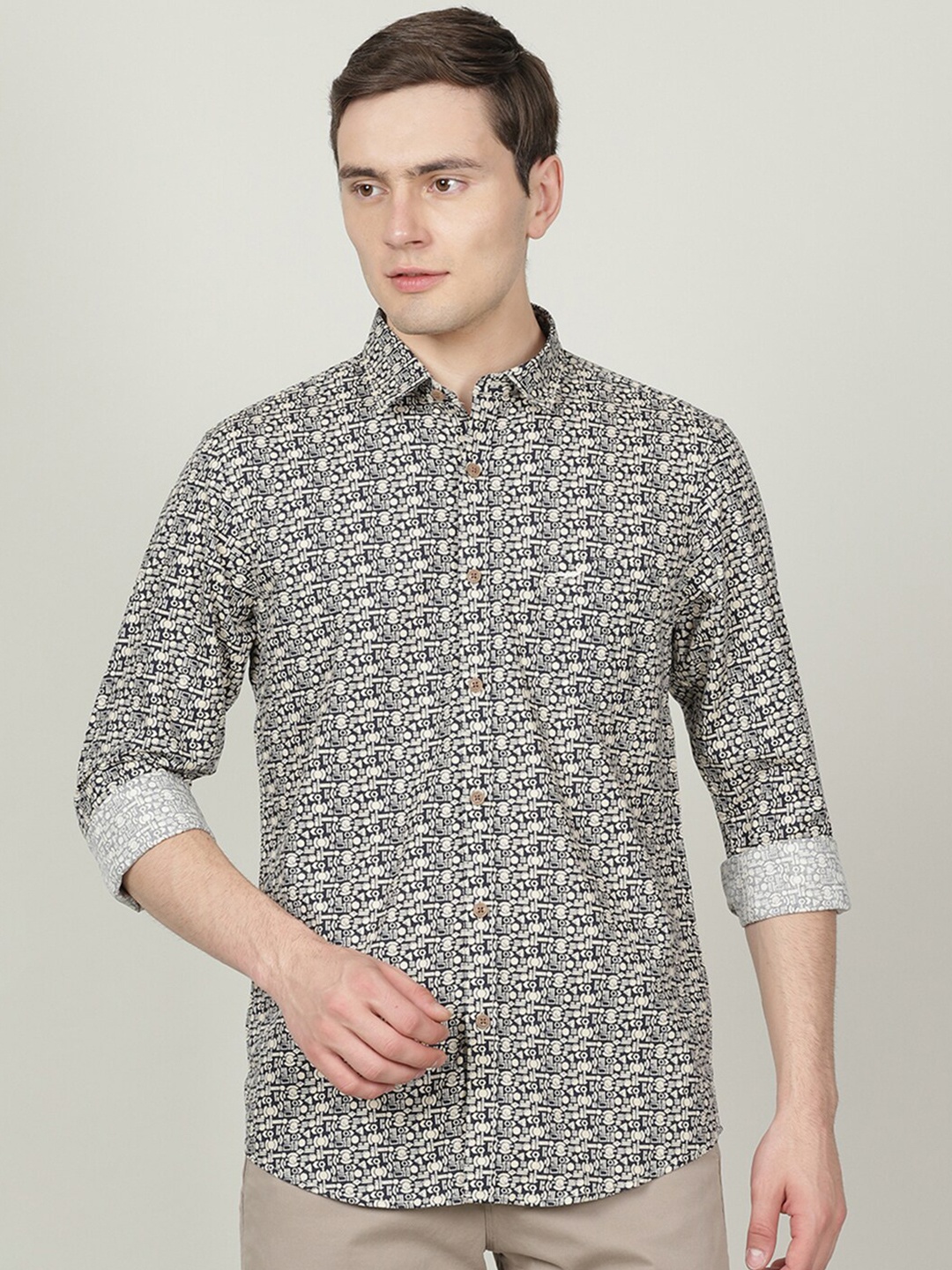 

Crocodile Men Classic Slim Fit Printed Casual Cotton Shirt, Navy blue