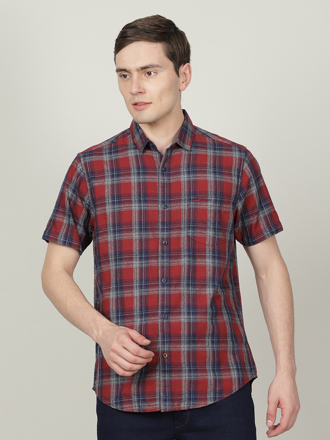 

Crocodile Men Classic Tartan Checked Casual Cotton Shirt, Red