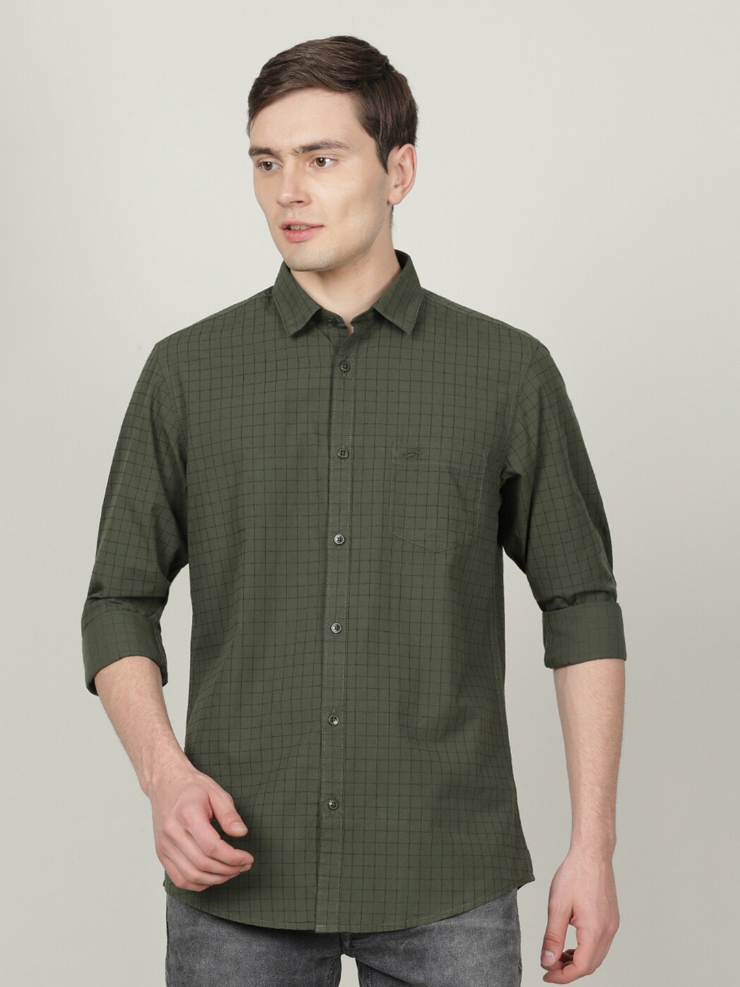 

Crocodile Men Classic Slim Fit Checked Casual Cotton Shirt, Olive