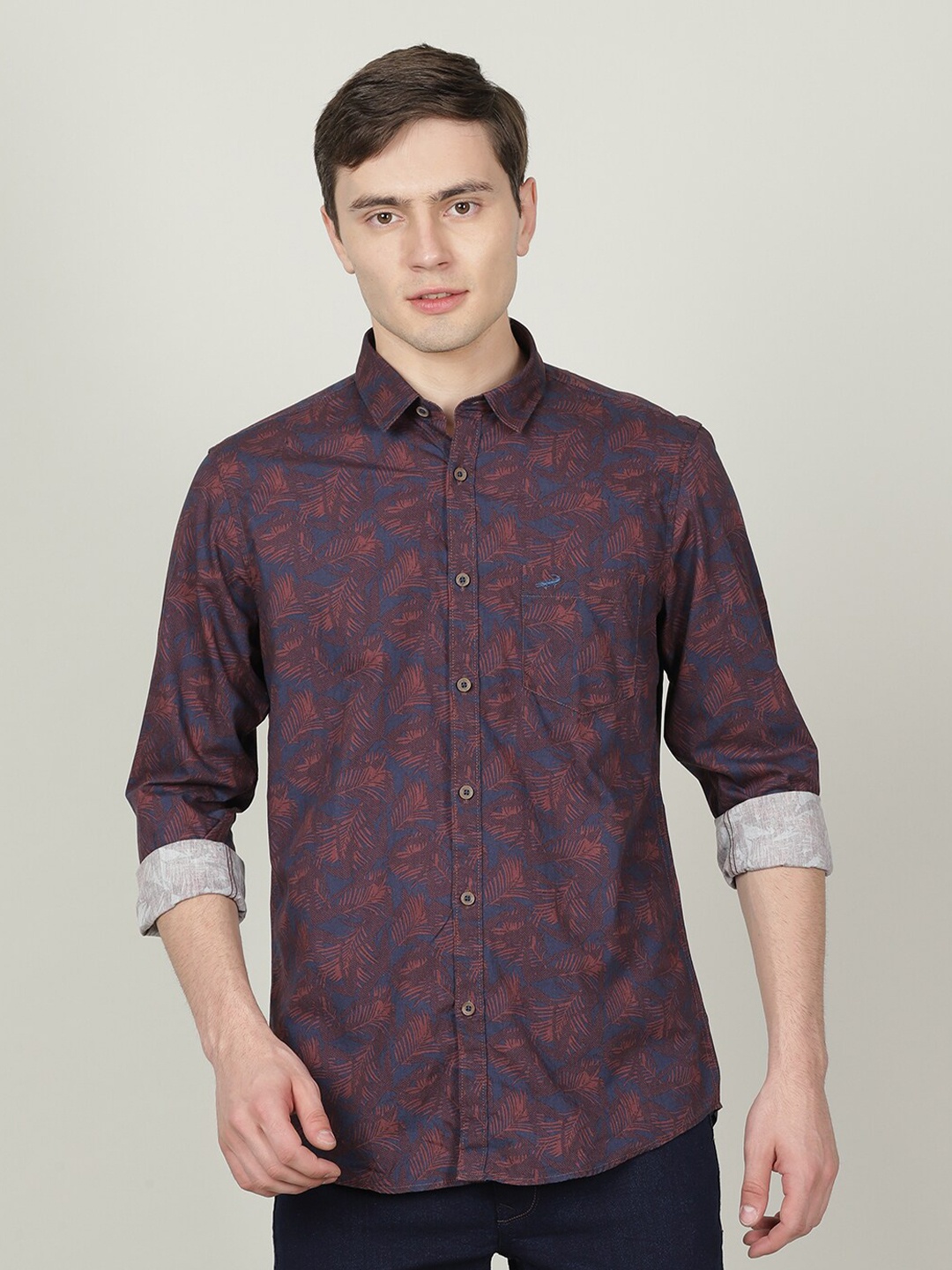 

Crocodile Men Classic Slim Fit Floral Printed Casual Cotton Shirt, Rust