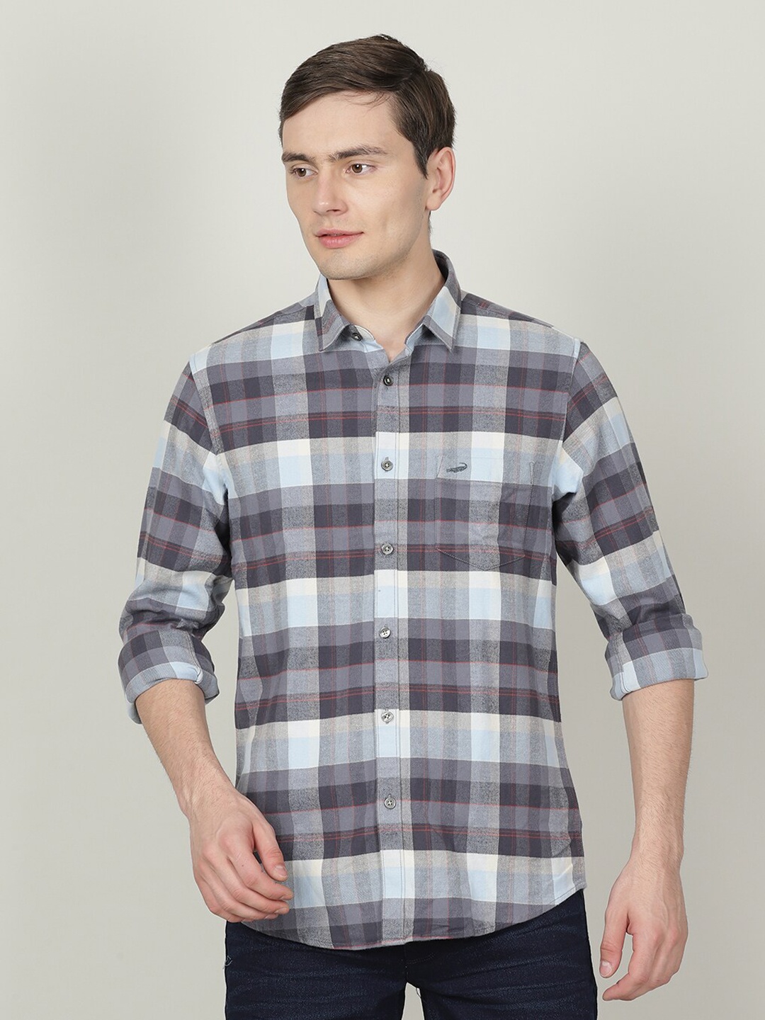 

Crocodile Men Classic Slim Fit Tartan Checked Casual Cotton Shirt, Blue