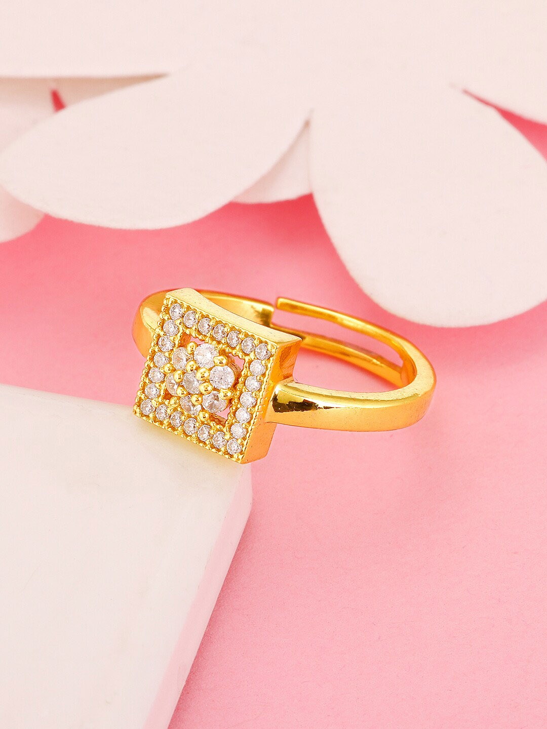 

GIVA Gold-Plated CZ Studded Square Shaped Charm Sterling Silver Finger Ring