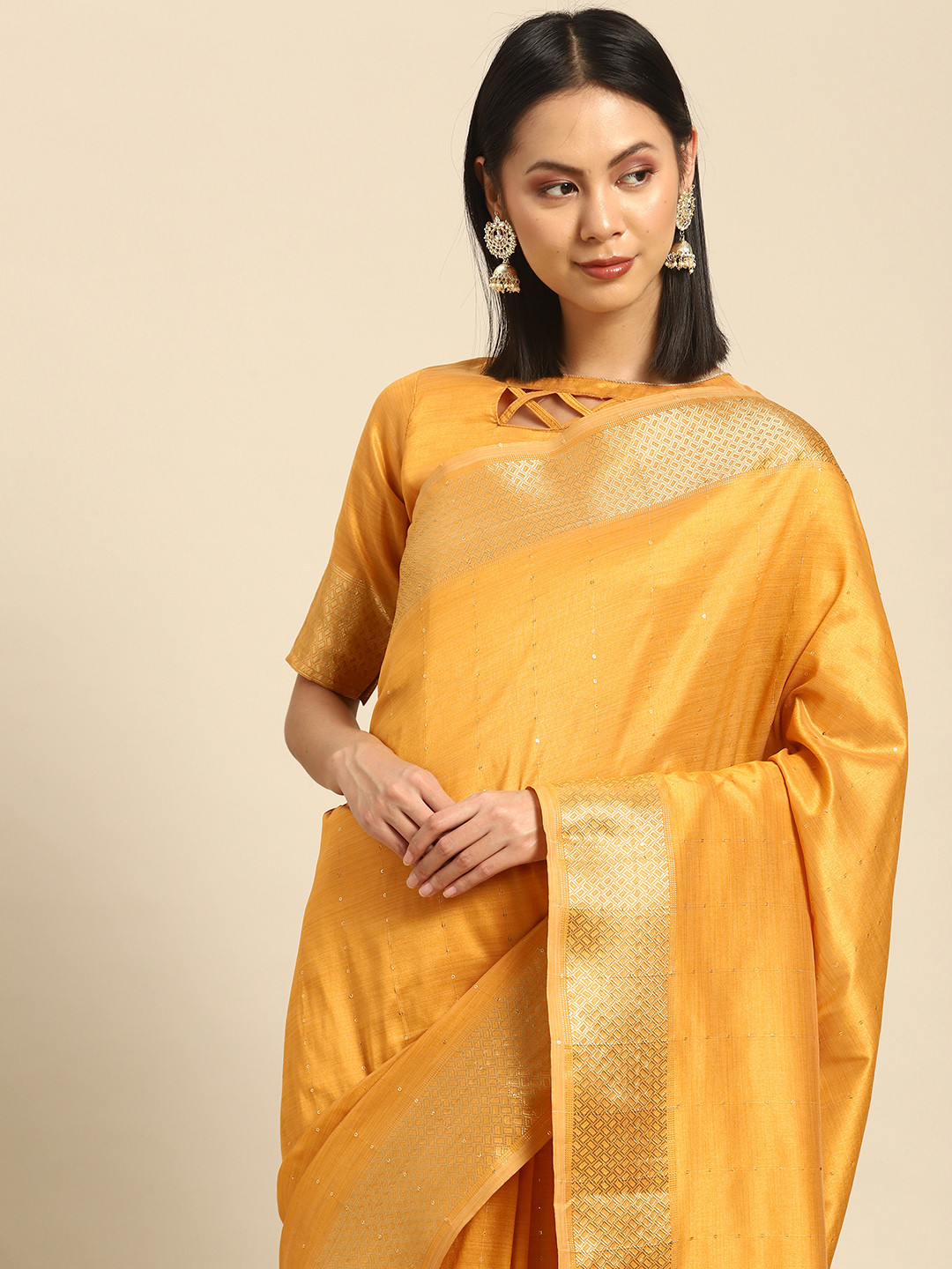 

SERONA FABRICS Woven Design Zari Silk Cotton Saree, Yellow