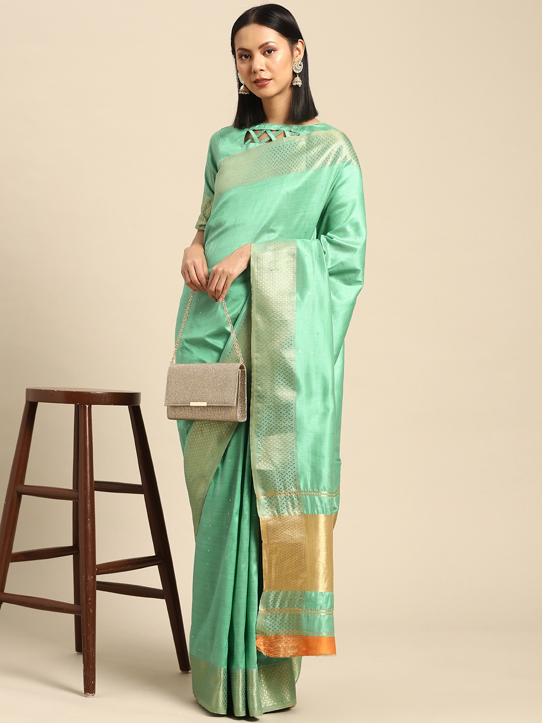 

SERONA FABRICS Woven Design Zari Silk Cotton Saree, Sea green