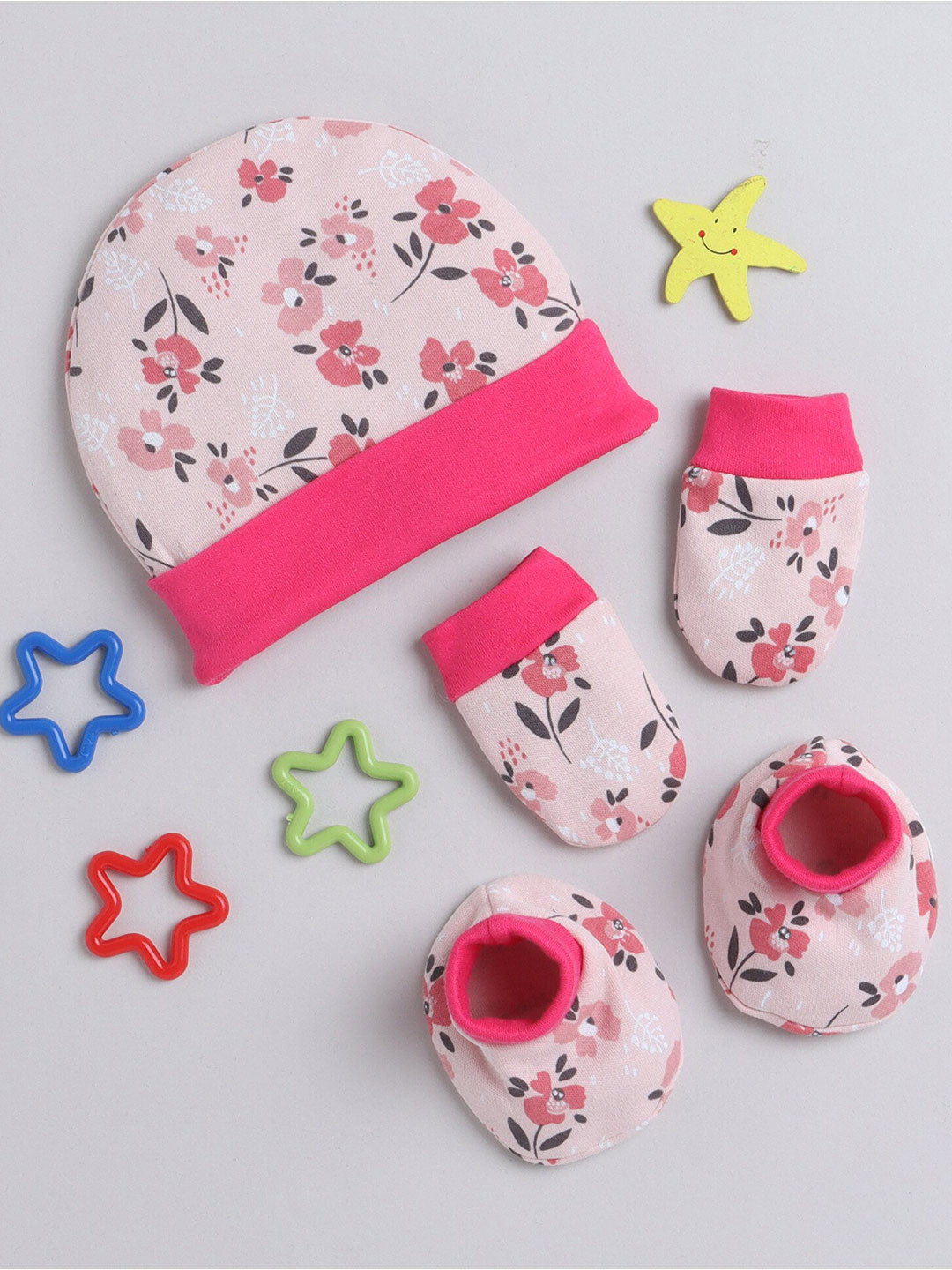 

BUMZEE Infants Girls Cotton Cap Mitten Bootie Set, Pink