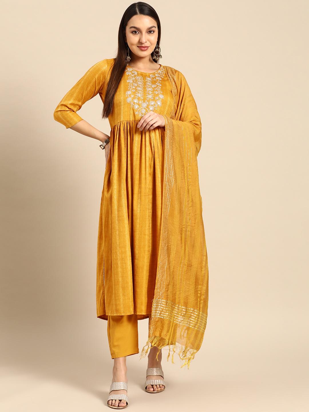 

Prakhya Women Floral Embroidered Thread Work Kurta with Palazzos & Dupatta, Yellow