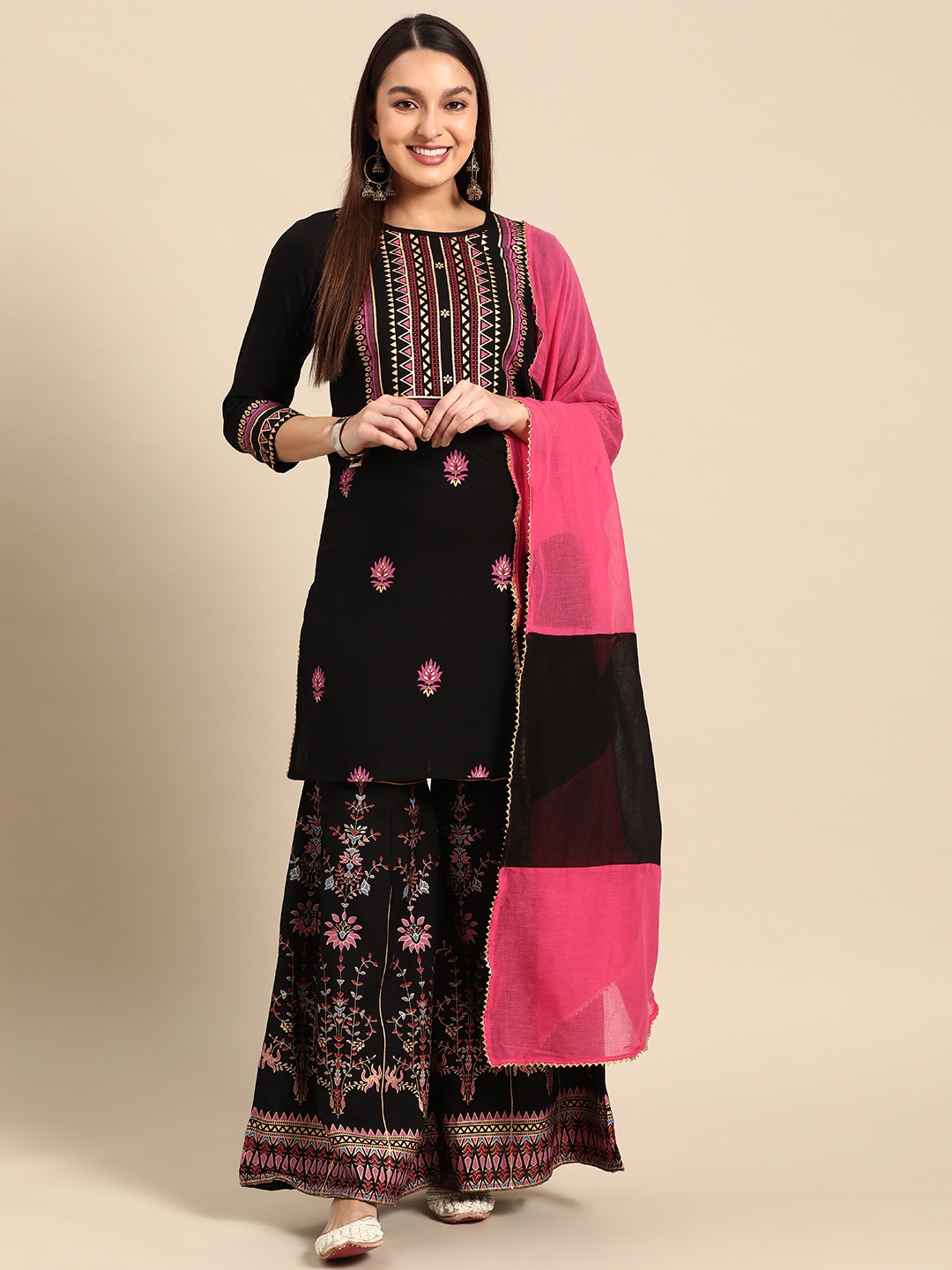 

Prakhya Women Printed Layered Gotta Patti Kurti with Sharara & Dupatta, Black