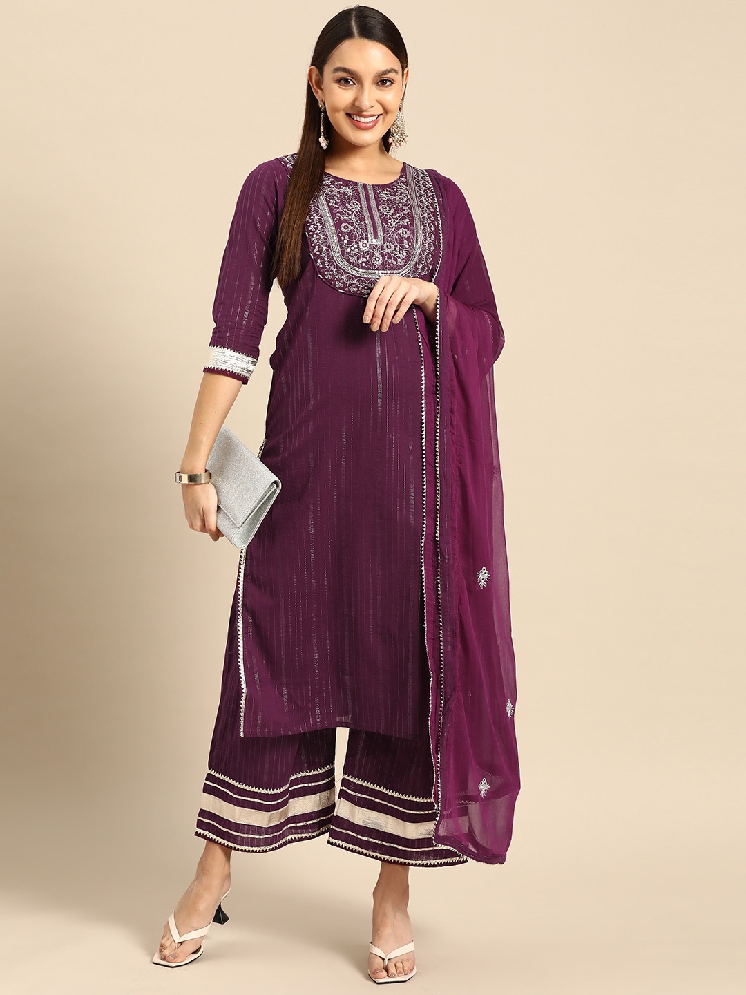 

Prakhya Women Embroidered Gotta Patti Pure Cotton Kurta with Palazzos & Dupatta, Purple