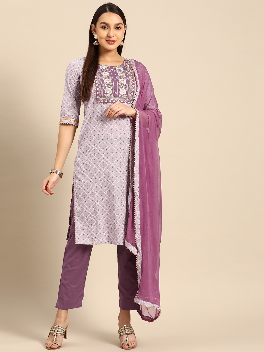 

Prakhya Women Bandhani Printed Pure Cotton Kurta with Palazzos & Dupatta, Purple