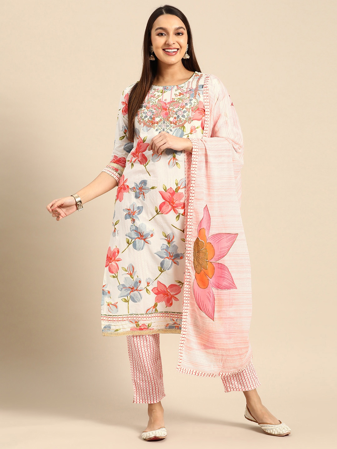 

Prakhya Women Floral Printed Pure Cotton Kurta with Palazzos & Dupatta, White