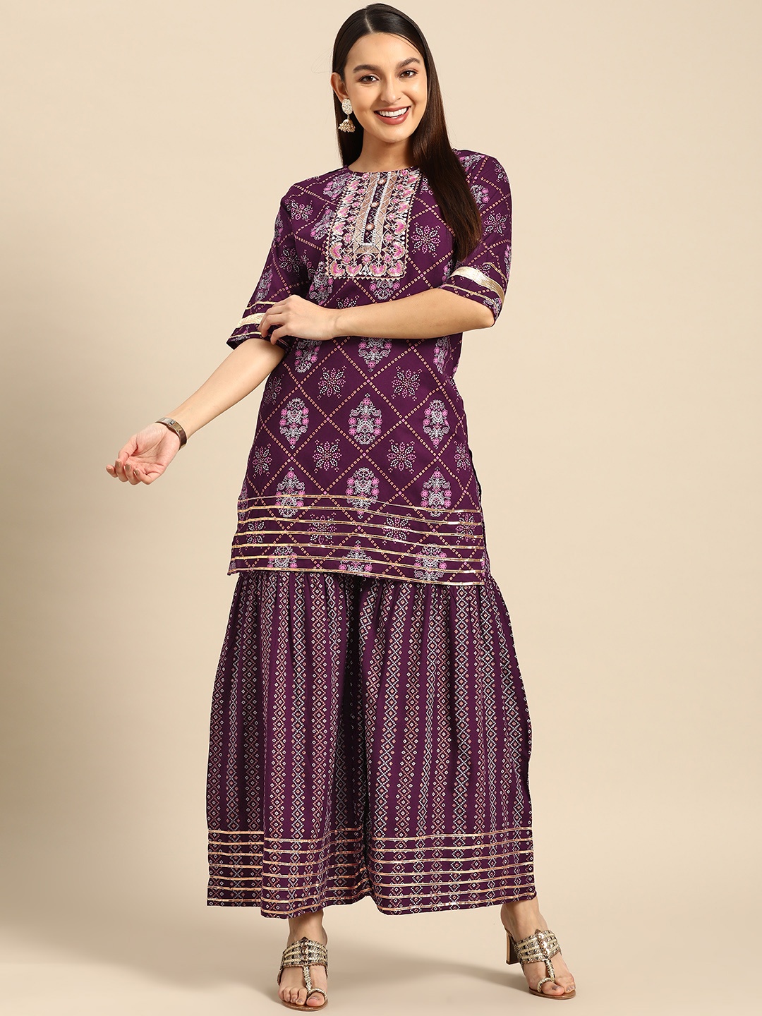 

Prakhya Women Embroidered Thread Work Kurta with Sharara, Purple