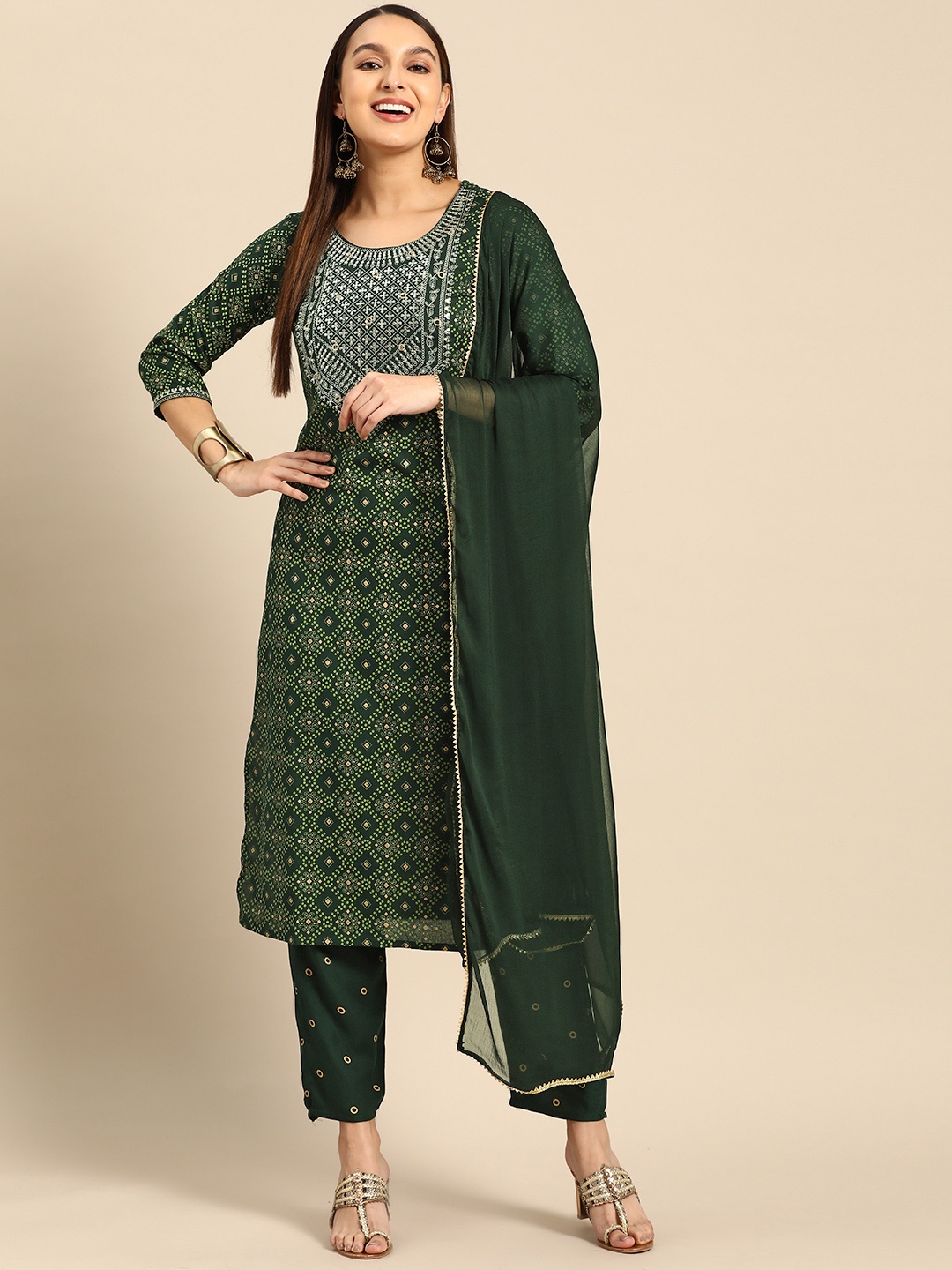 

Prakhya Women Ethnic Motifs Embroidered Sequinned Kurta With Trousers & With Dupatta, Green