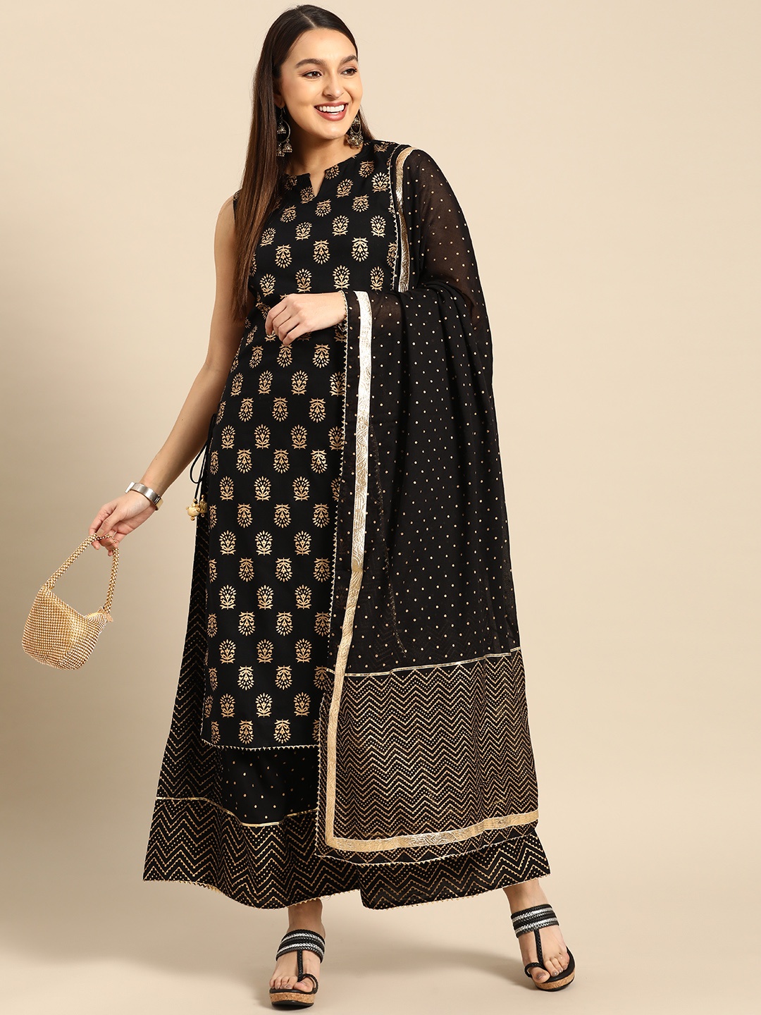 

Prakhya Women Ethnic Motifs Printed Kurta With Palazzos & With Dupatta, Black