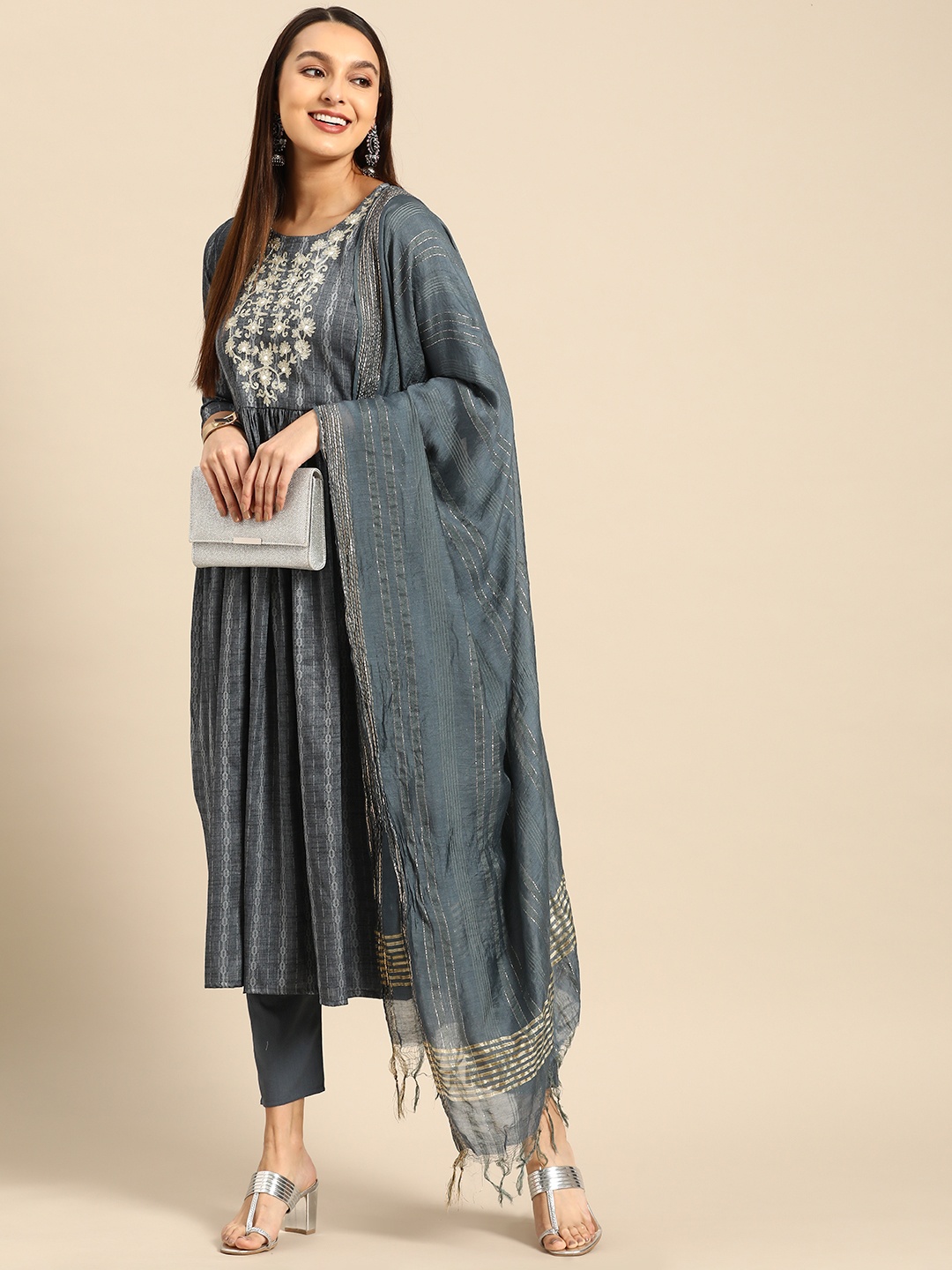 

Prakhya Women Ethnic Motifs Embroidered Pleated Kurta With Trousers & With Dupatta, Grey