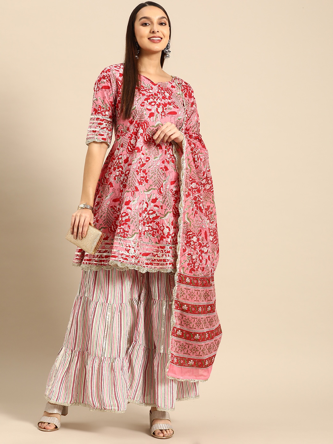 

Prakhya Women Ethnic Motifs Printed Gotta Patti Kurti With Sharara & With Dupatta, Pink