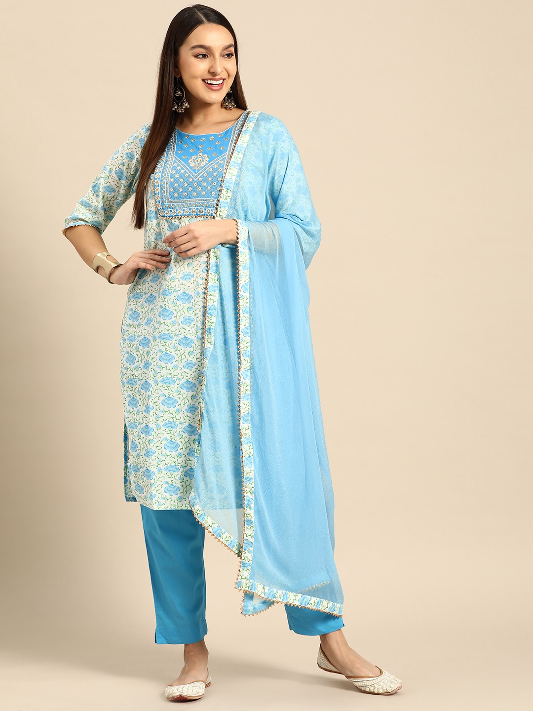 

Prakhya Women Floral Embroidered Thread Work Pure Cotton Kurta with Palazzos & Dupatta, Blue