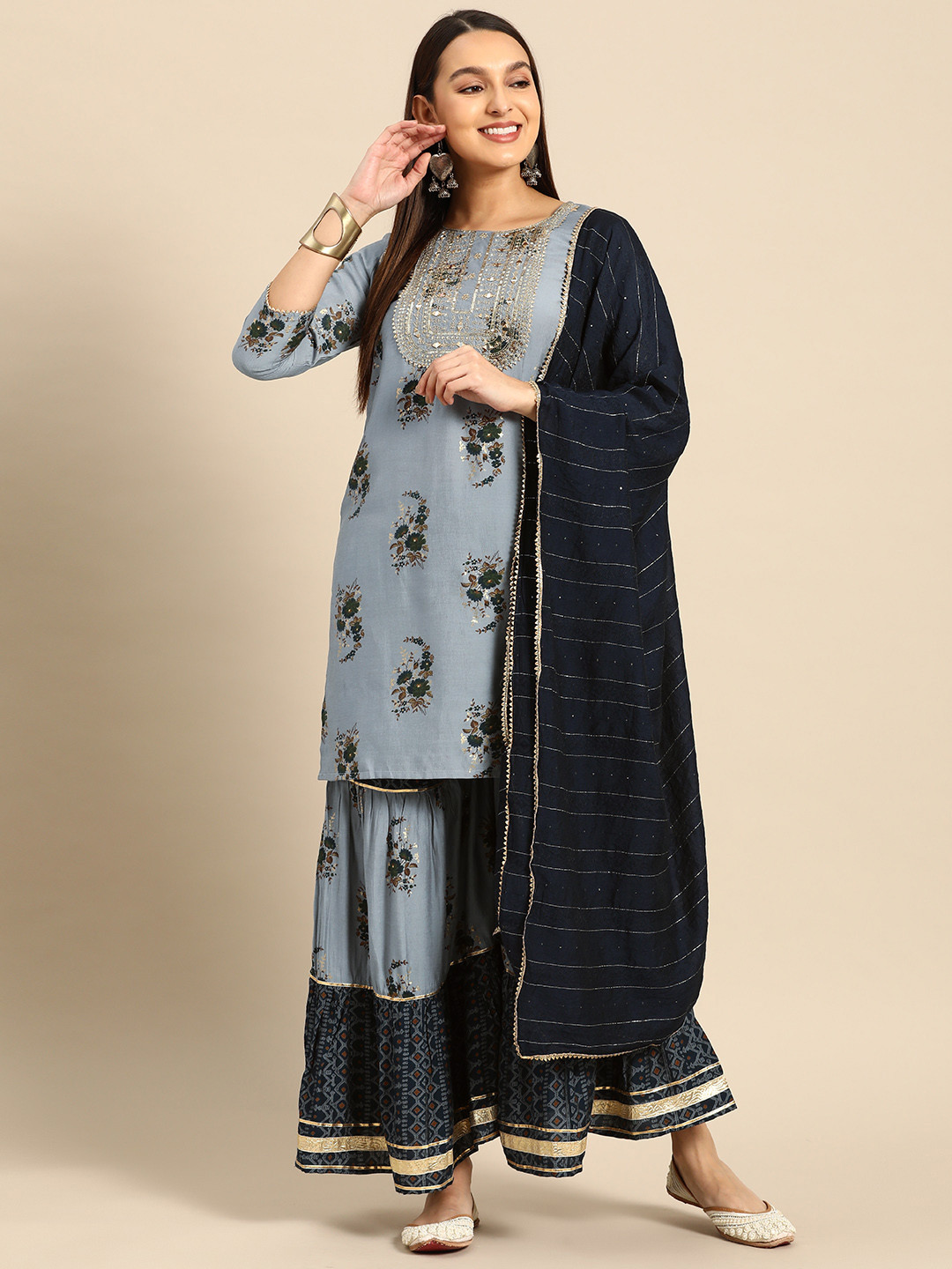 

Prakhya Women Floral Printed Kurti with Sharara & Dupatta, Grey