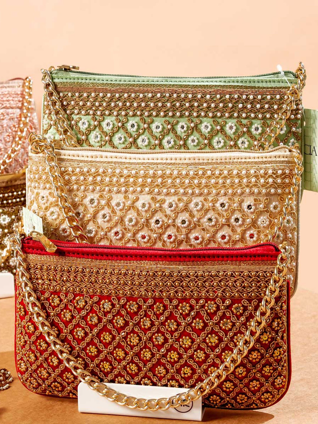 

Rocia Embellished Structured Handheld Bag, Champagne