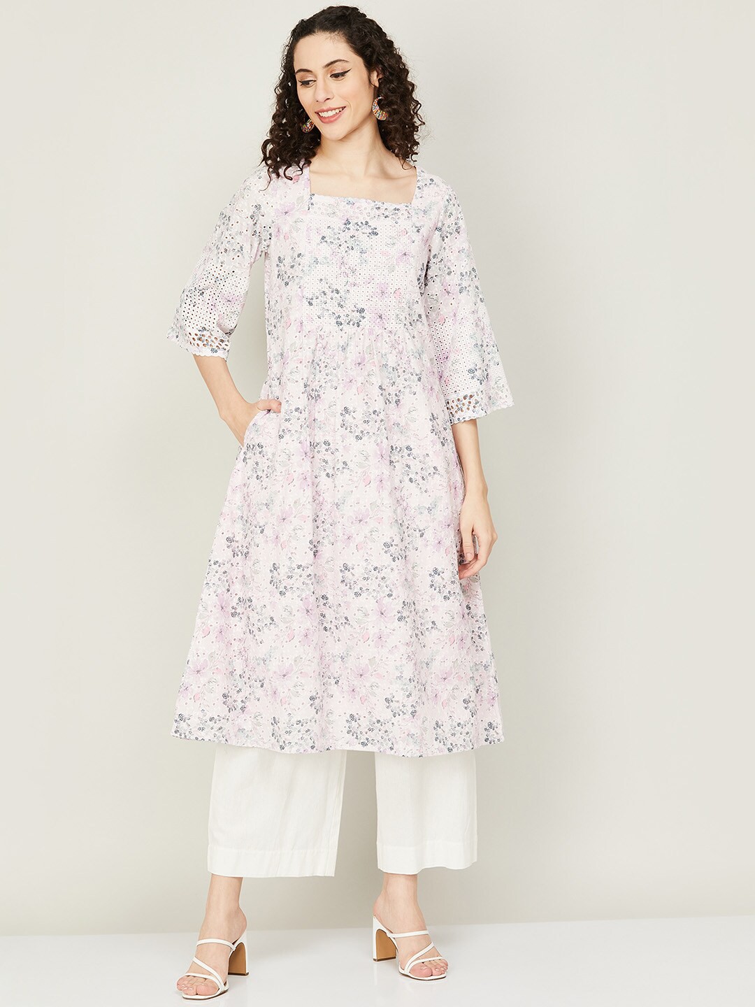 

Melange by Lifestyle Women Floral Printed Flared Sleeves Kurta, White