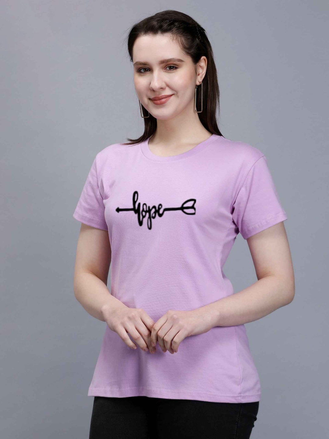 

TRENDY RABBIT Women Typography Printed Cotton T-shirt, Lavender