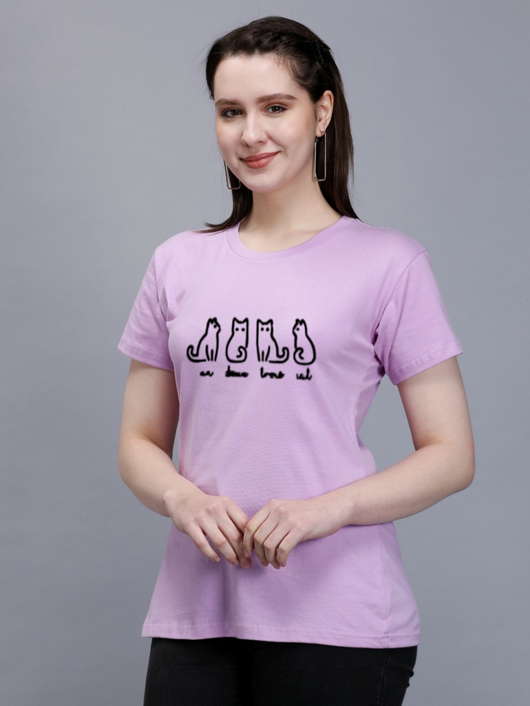 

TRENDY RABBIT Women Printed Cotton T-shirt, Lavender