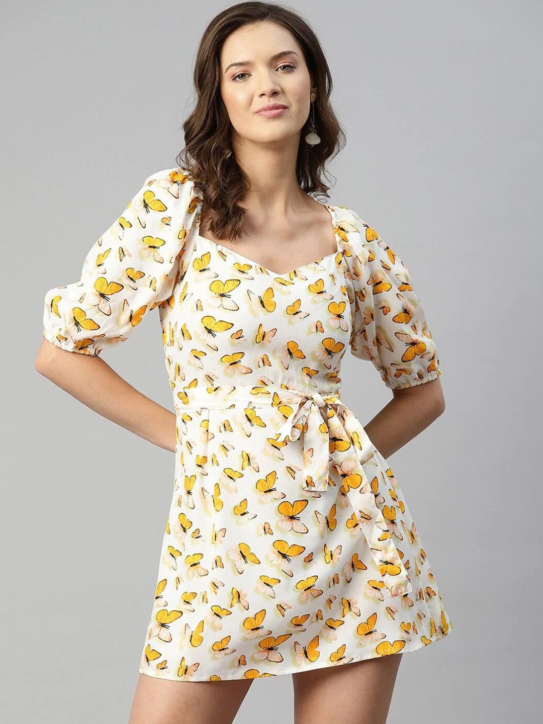 

SIRIKIT Printed Puff Sleeves A-Line Dress, Yellow