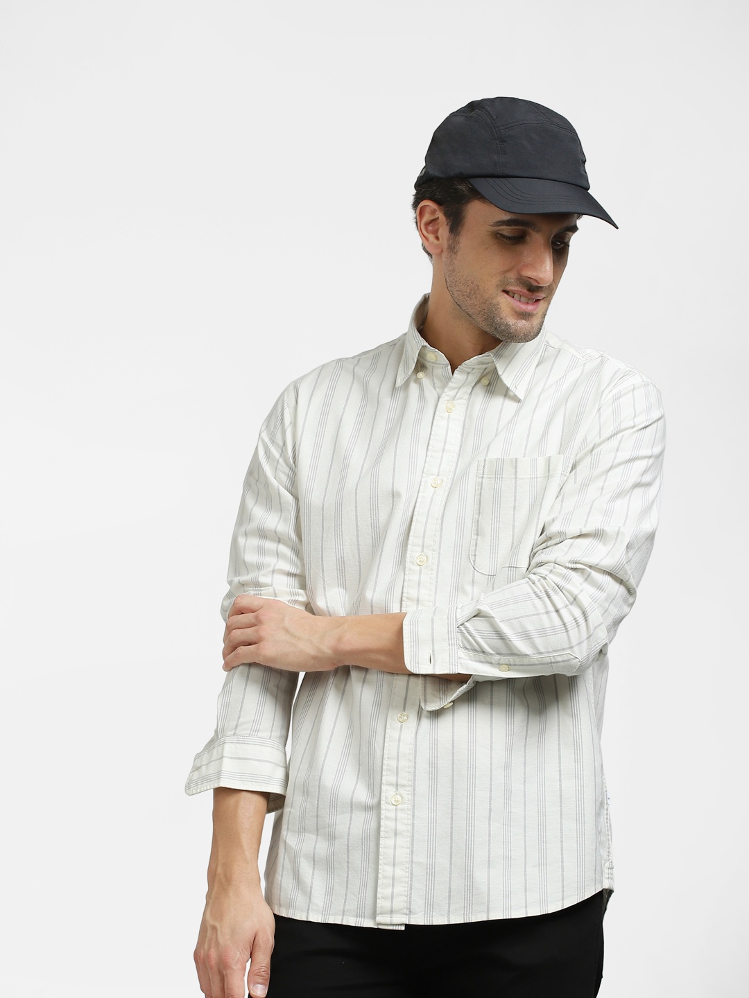 

SELECTED Men Casual Vertical Stripes Cotton Shirt, White
