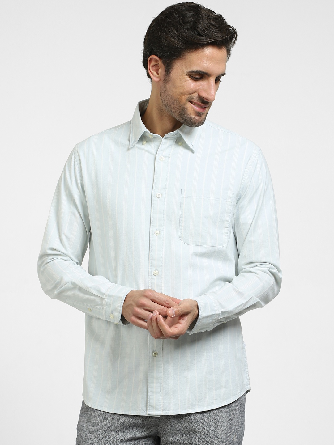 

SELECTED Men Striped Casual Cotton Shirt, Blue