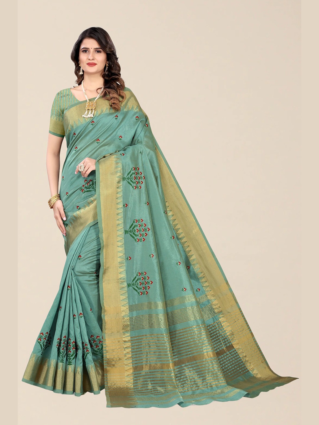 

SERONA FABRICS Turquoise Blue & Red Floral Zari Silk Cotton Mysore Silk Saree