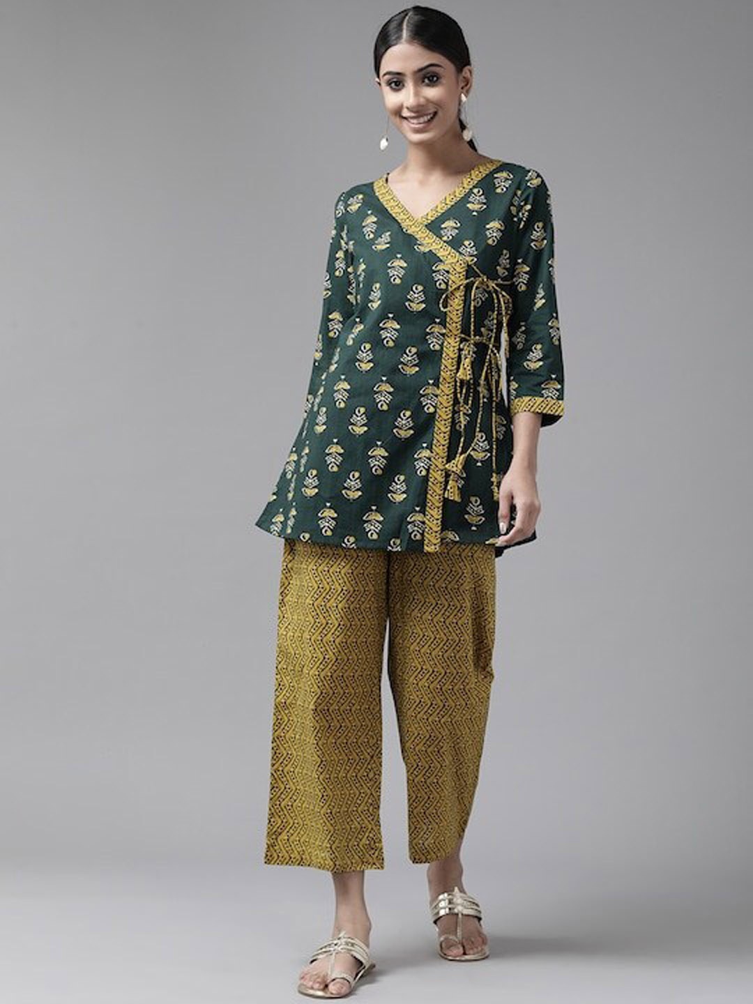 

Amirah s Women Floral Printed Angrakha Pure Cotton Top With Palazzos, Green