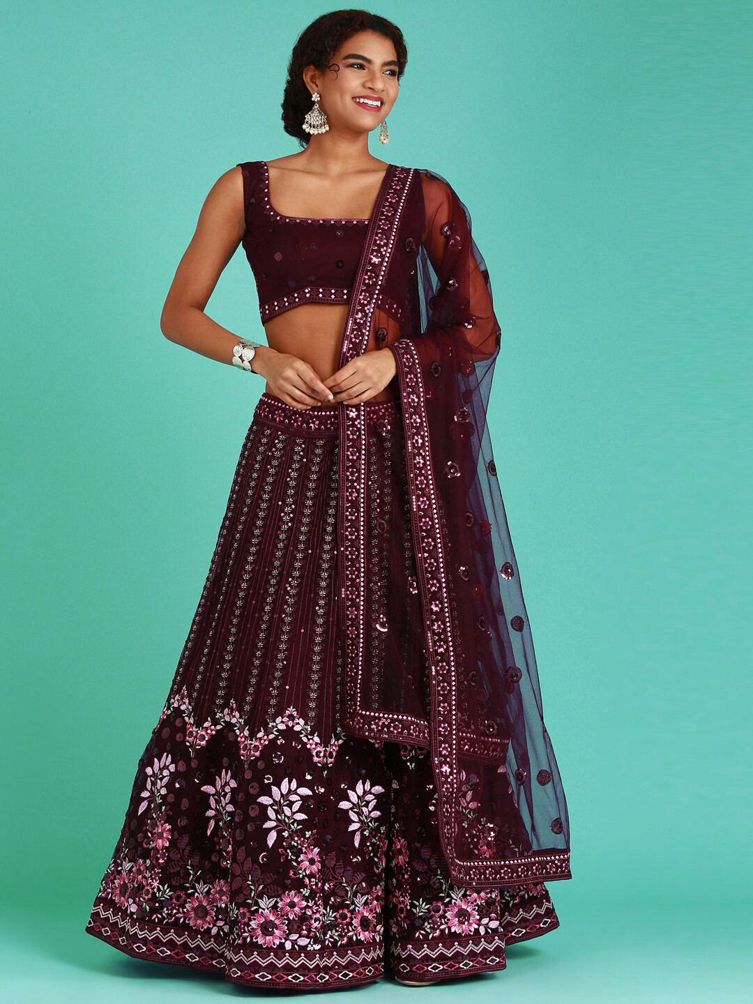 

panchhi Embellished Sequinned Semi-Stitched Lehenga & Unstitched Blouse With Dupatta, Burgundy