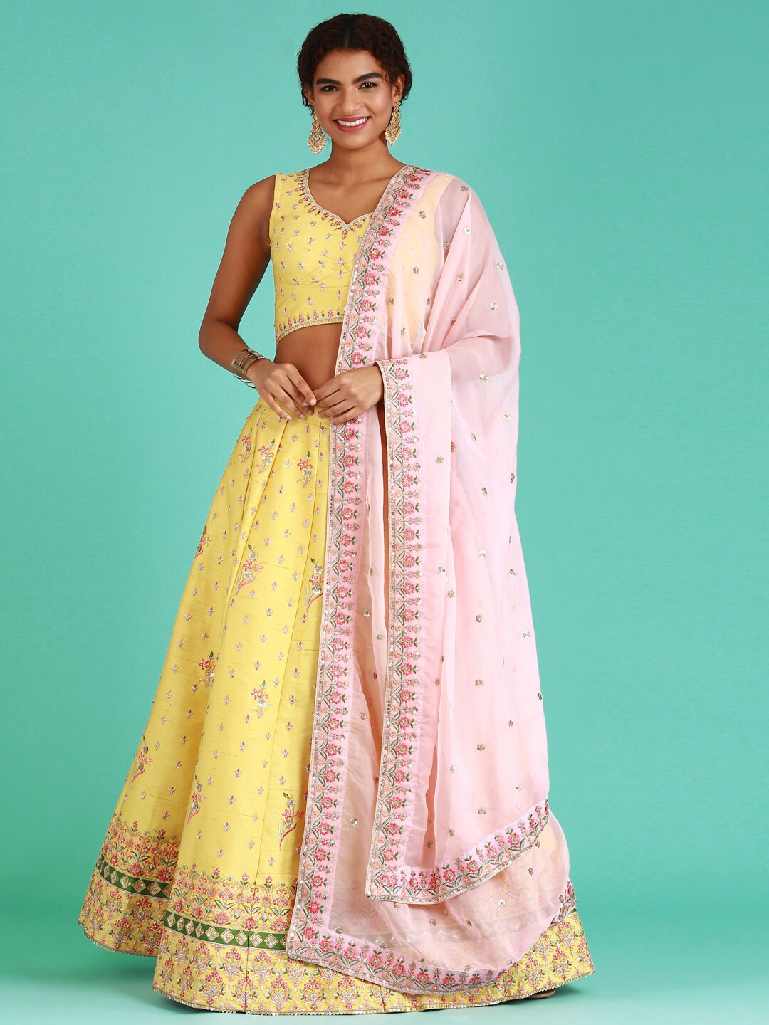 

panchhi Embellished Sequinned Semi-Stitched Lehenga & Unstitched Blouse With Dupatta, Yellow
