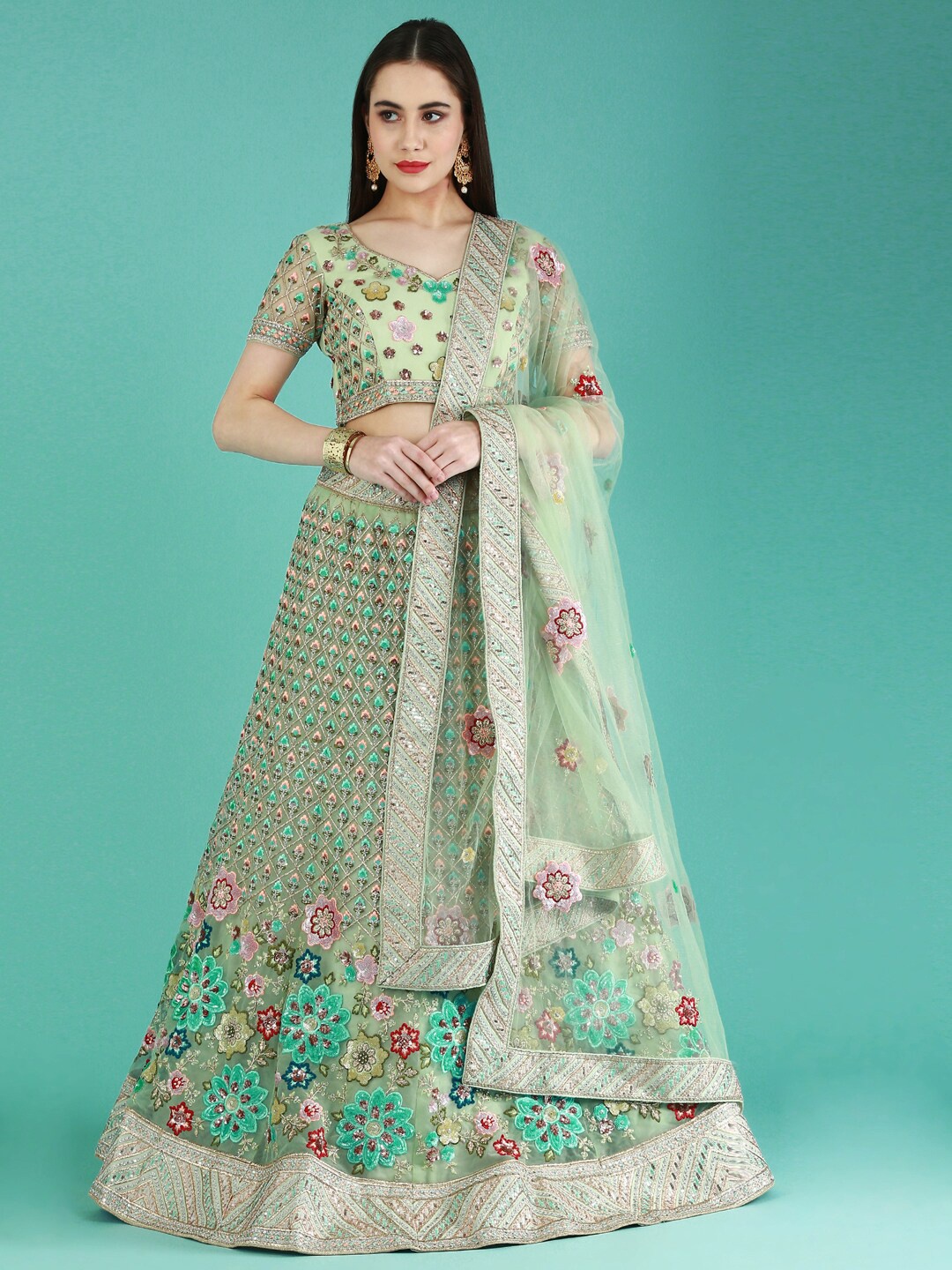 

panchhi Lime Embellished Semi-Stitched Lehenga Choli, Lime green