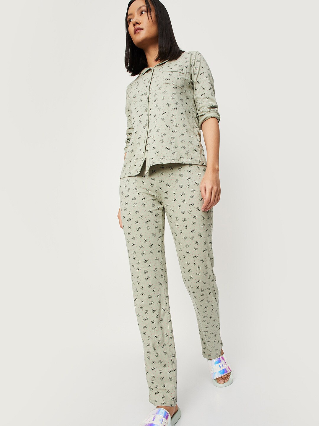 

max Women Printed Pure Cotton Night suit, Green