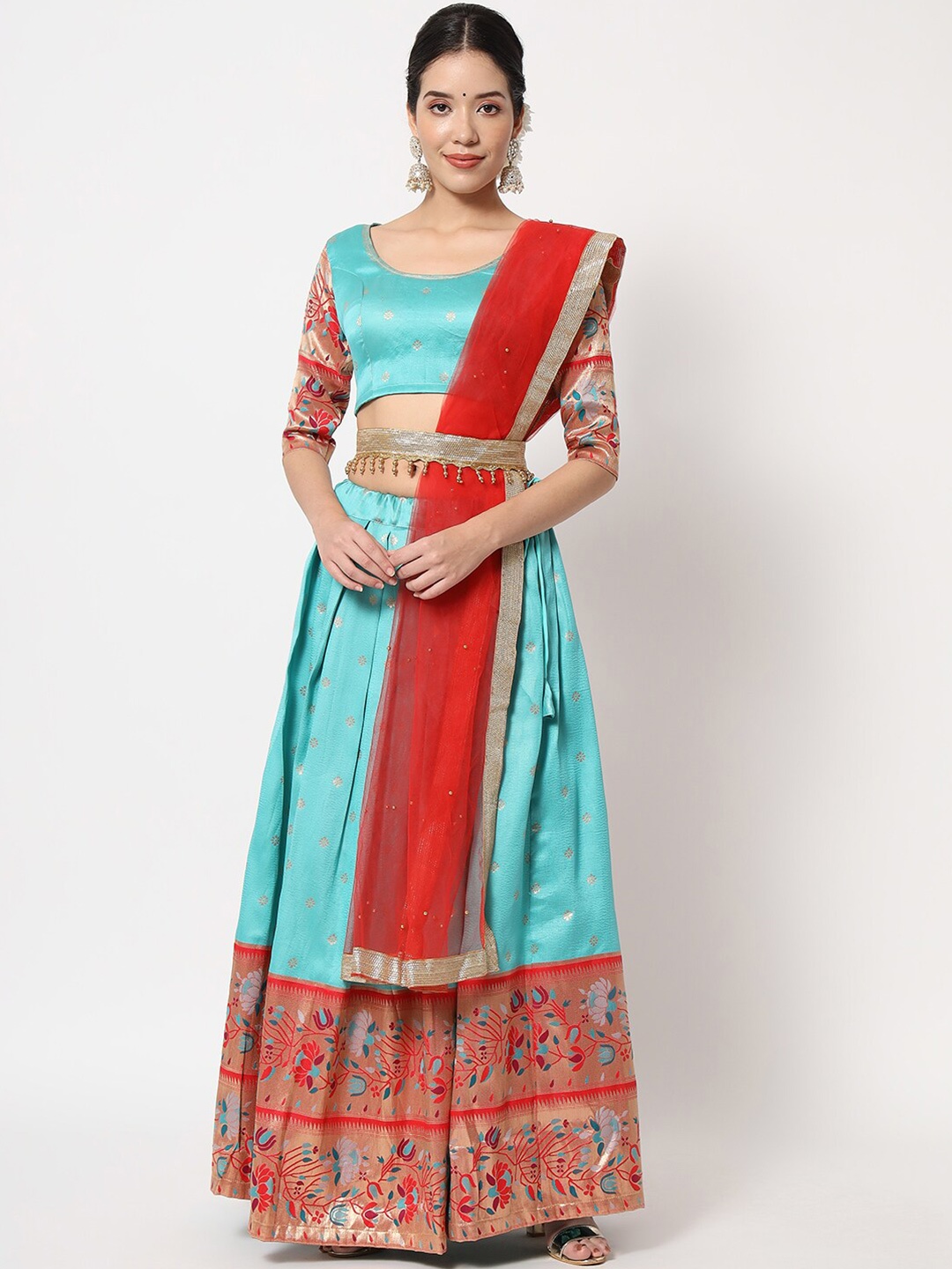 

Fabcartz Semi-Stitched Lehenga & Unstitched Blouse With Dupatta, Turquoise blue