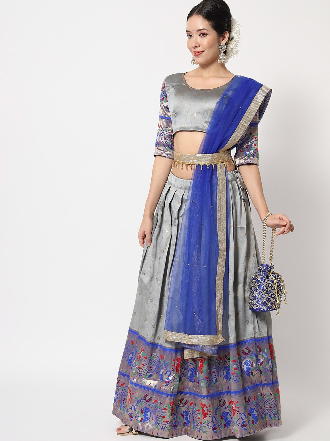 

Fabcartz Semi-Stitched Lehenga & Unstitched Blouse With Dupatta, Grey