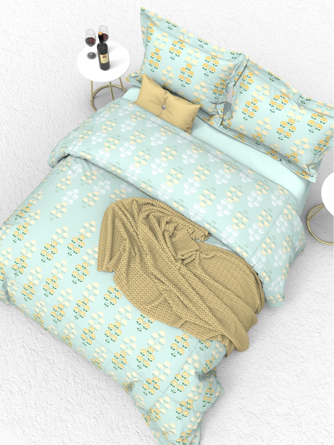 

THE WHITE MOSS Portland Sea Green Printed 160 TC King Flat Bedsheet with 2 Pillow Covers
