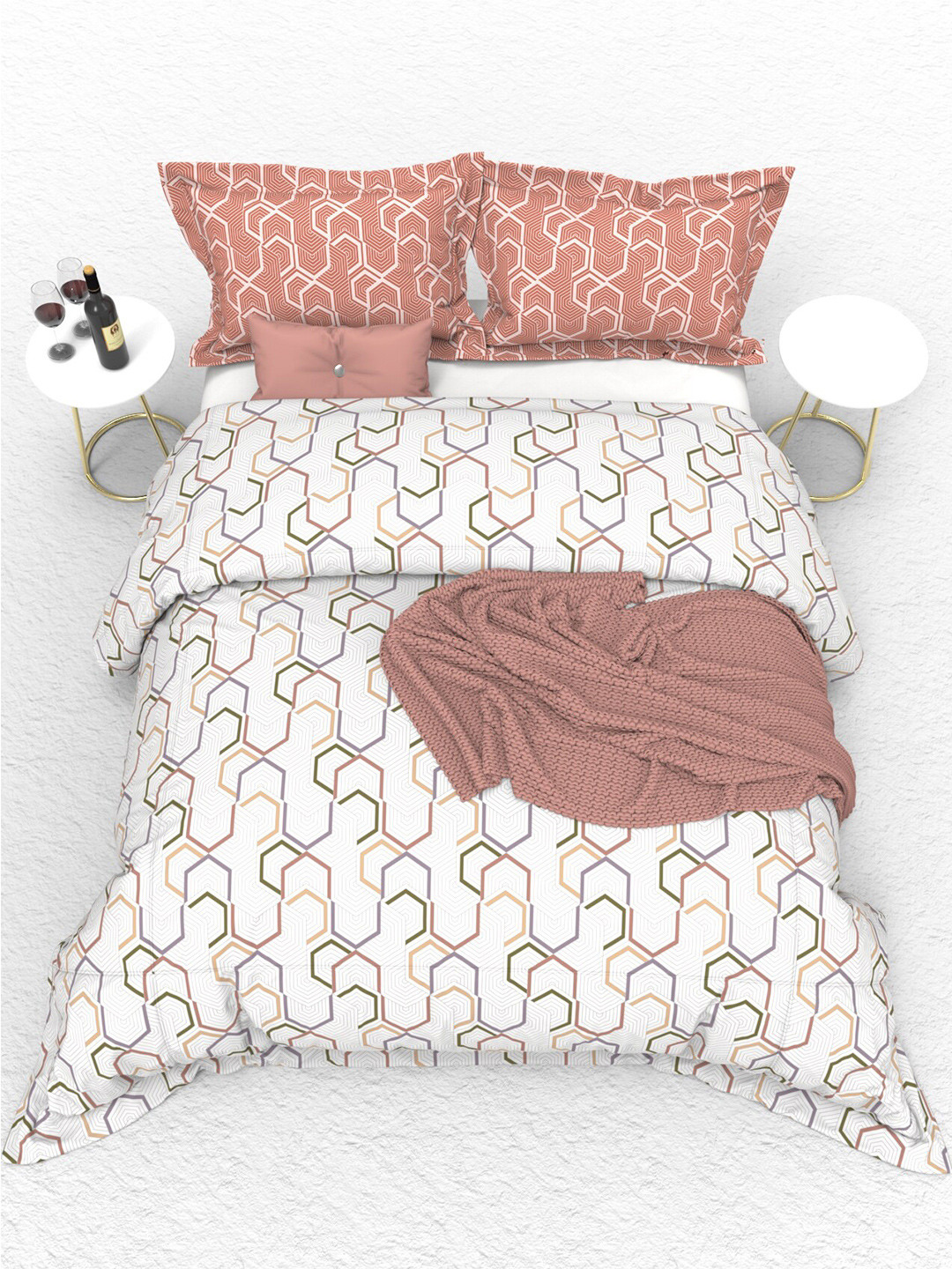 

THE WHITE MOSS Portland White & Peach 160 TC King Flat Bedsheet with 2 Pillow Covers