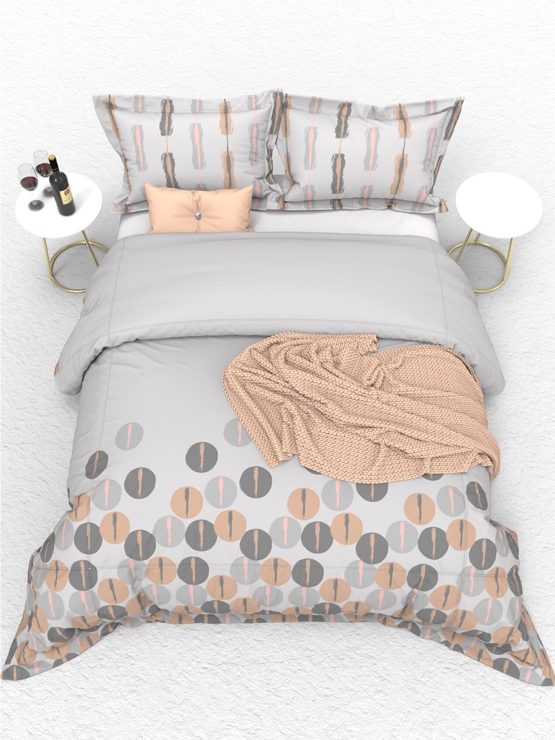 

THE WHITE MOSS Portland Grey & Peach 160 TC King Flat Bedsheet with 2 Pillow Covers