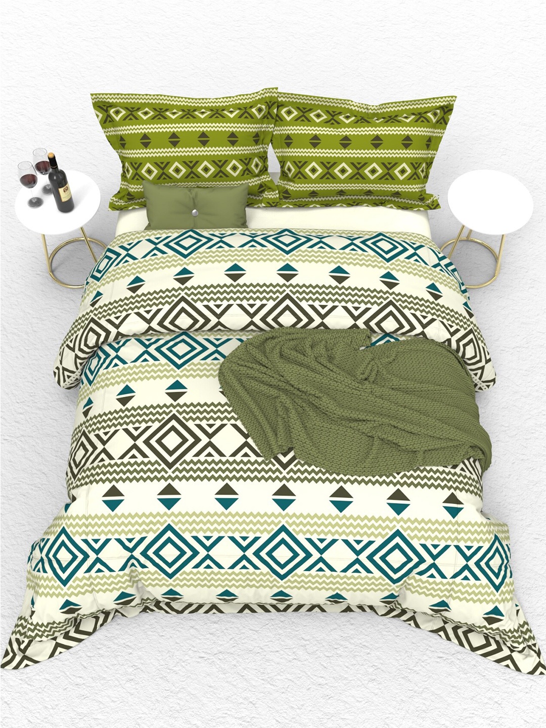 

THE WHITE MOSS Portland Green & Blue 160 TC King Flat Bedsheet with 2 Pillow Covers